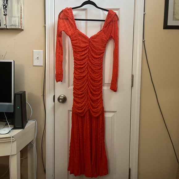 GANNI Ruched Orange Midi Dress - Picture 2 of 5